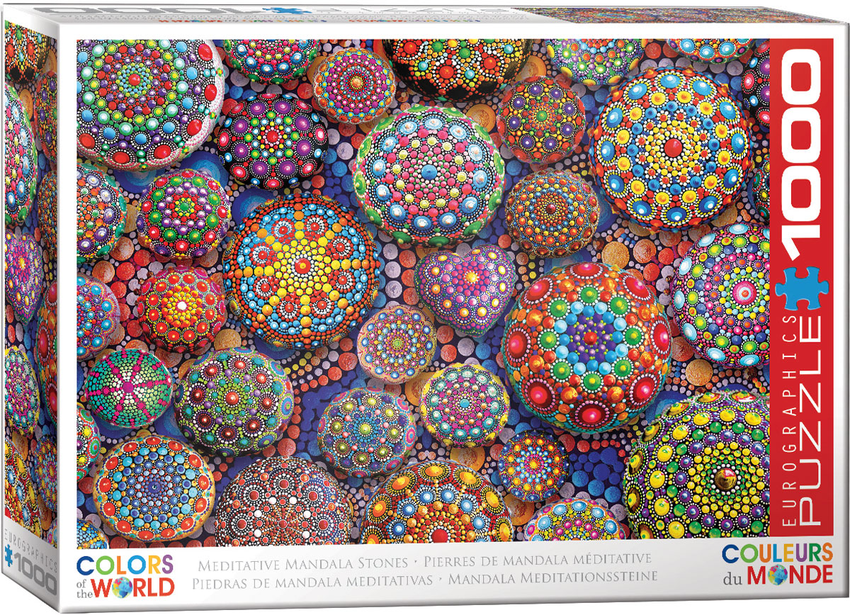 The pictured design centers on mandala motifs presented as stones, giving the composition a meditative visual theme.