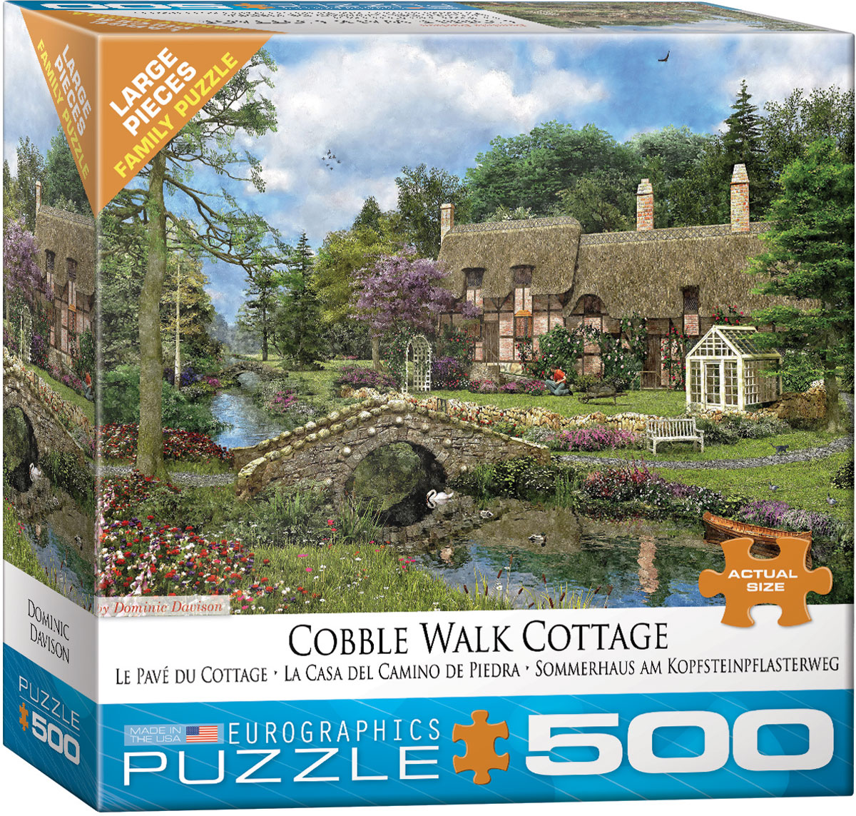 The artwork centers on a cottage reached by a cobbled walk, with a bridge and road leading toward a place described as a summer home.