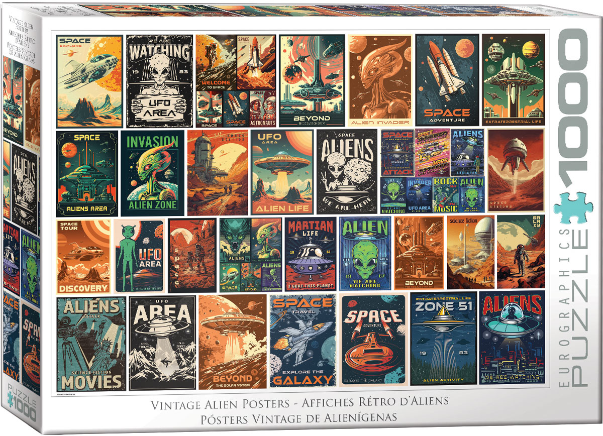 The image assembles nostalgic science-fiction poster imagery around alien adventures, extraterrestrial life, and classic space exploration, with bold design work and vibrant colors.