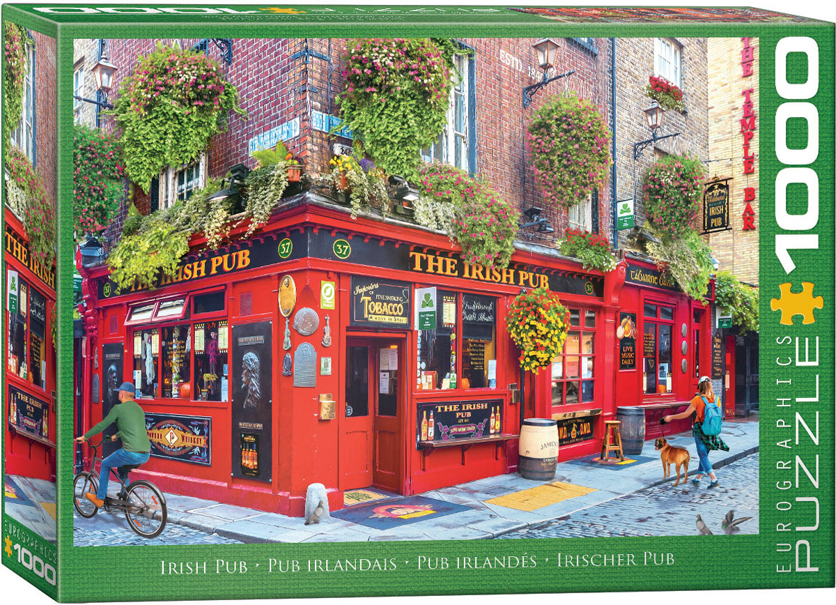 The pictured scene centers on an Irish pub, with the subject rooted in casual pub culture and its associations with food, drink, Irish sports, and traditional music.