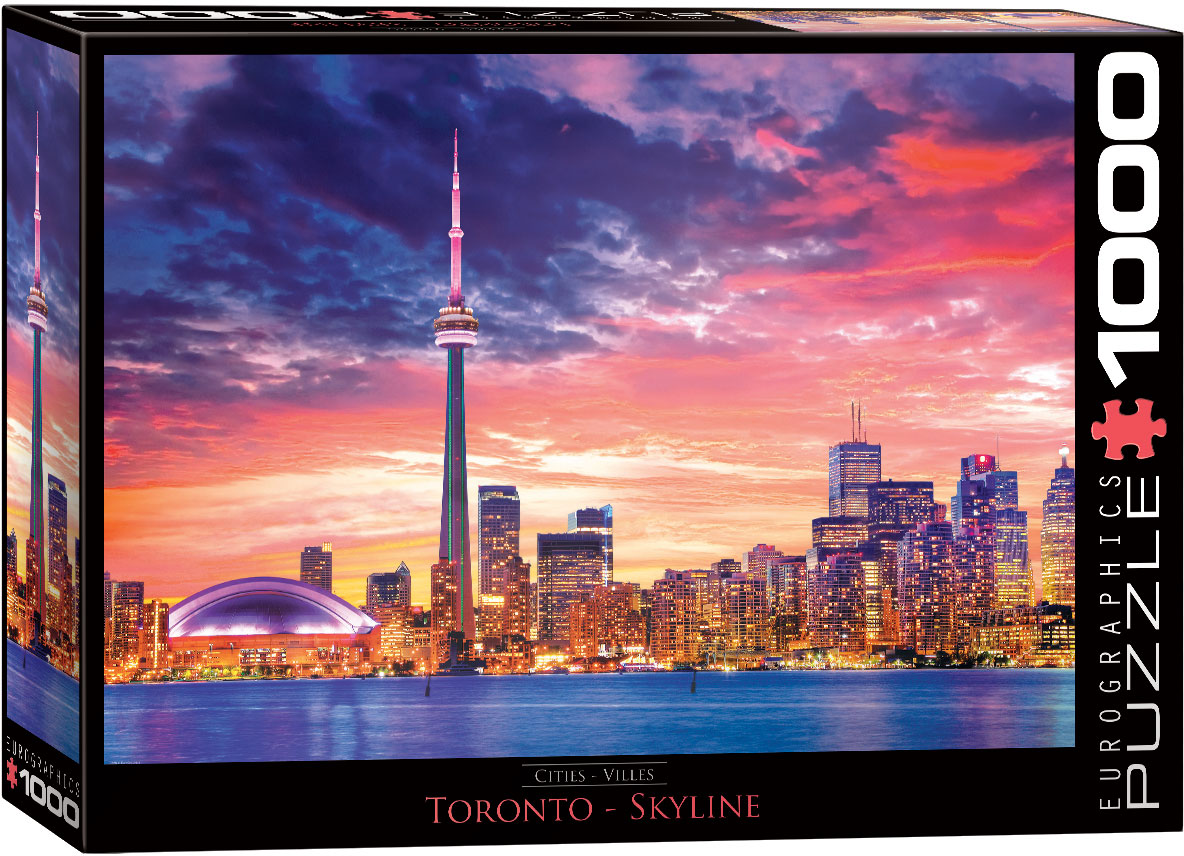 A Toronto skyline brings recognizable landmarks together in a Canadian urban scene.