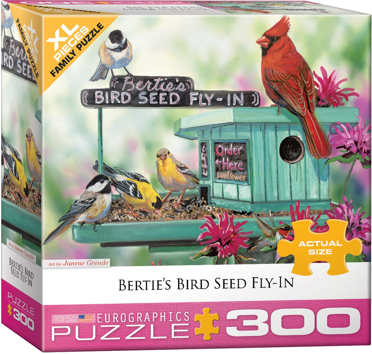 A country cabin and its hillside surroundings serve as home for a cardinal, a chickadee, and goldfinches. The birds' bright colors stand out against the rural landscape.