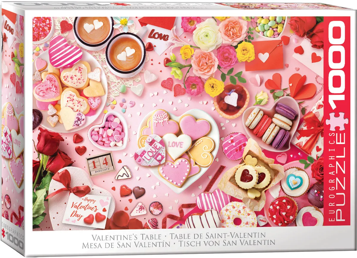 A Valentine's Day tabletop is arranged with heart-shaped cookies, pink macarons, roses, ribbons, love-letter envelopes, two mugs of latte art, a calendar turned to February 14, conversation hearts, jam tarts, doughnuts, ribbon butterflies, and scattered heart confetti.