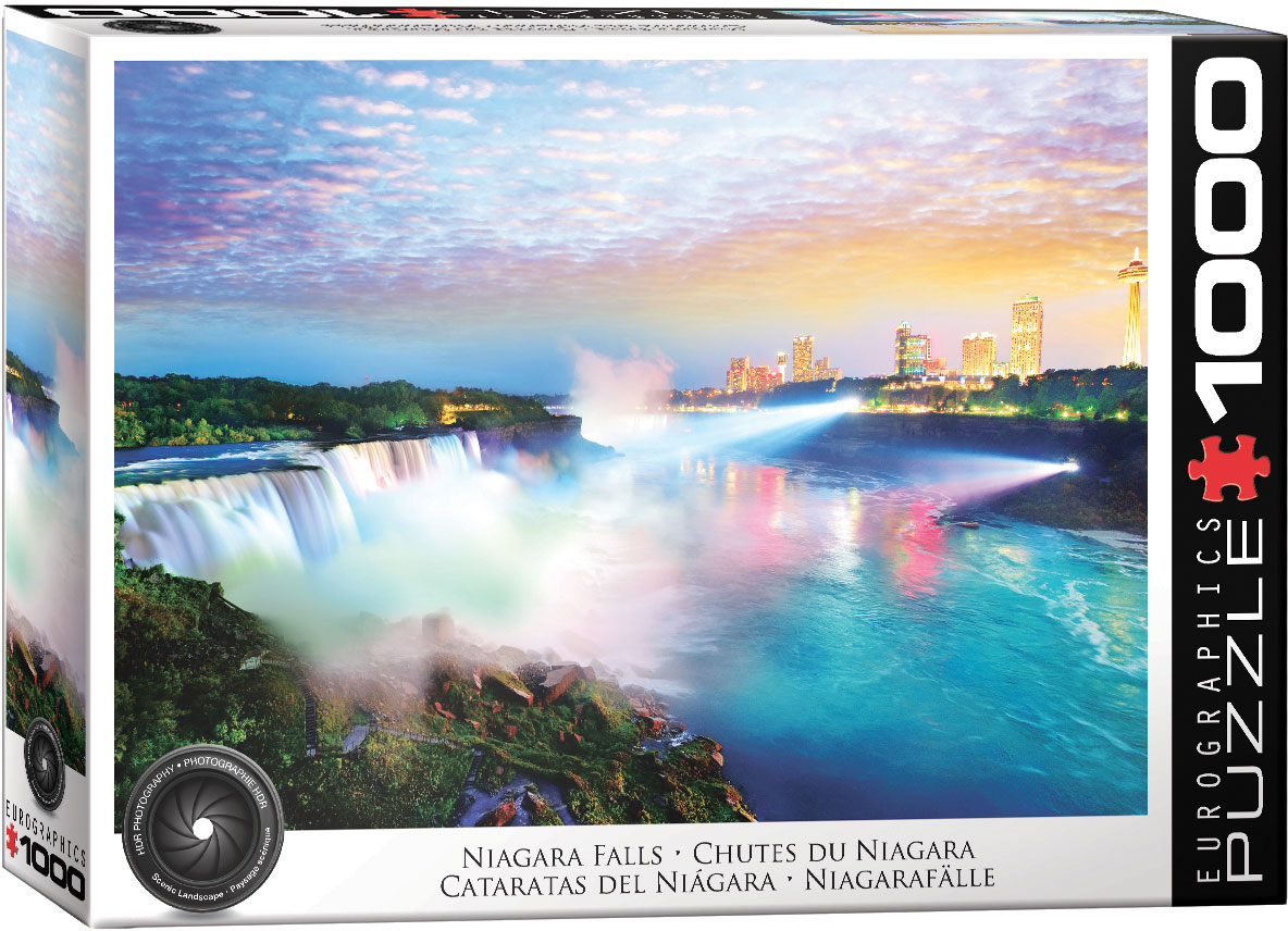 A natural waterfall scene centered on Niagara Falls at the border between Ontario and New York.