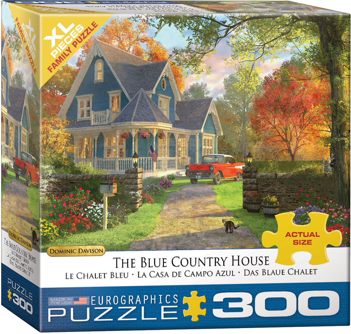 A blue Victorian-style country house anchors a warmly lit rural scene, with a classic red car outside and autumn trees framing the view.