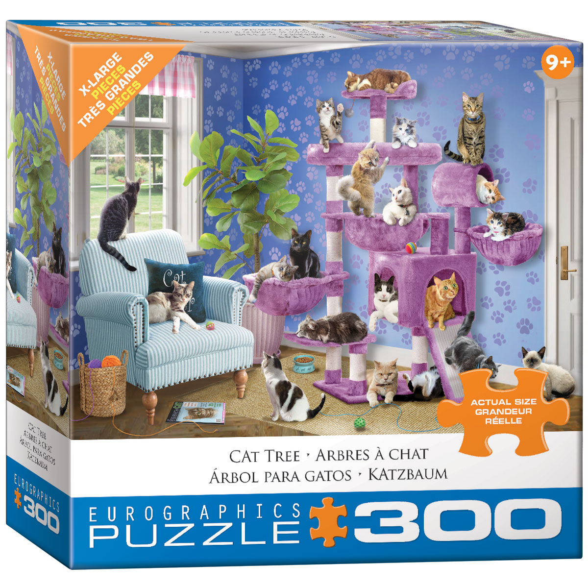 A large purple cat tree occupies a room interior, with cats spread across its levels: kittens tucked into snug spots and more active cats climbing between perches.