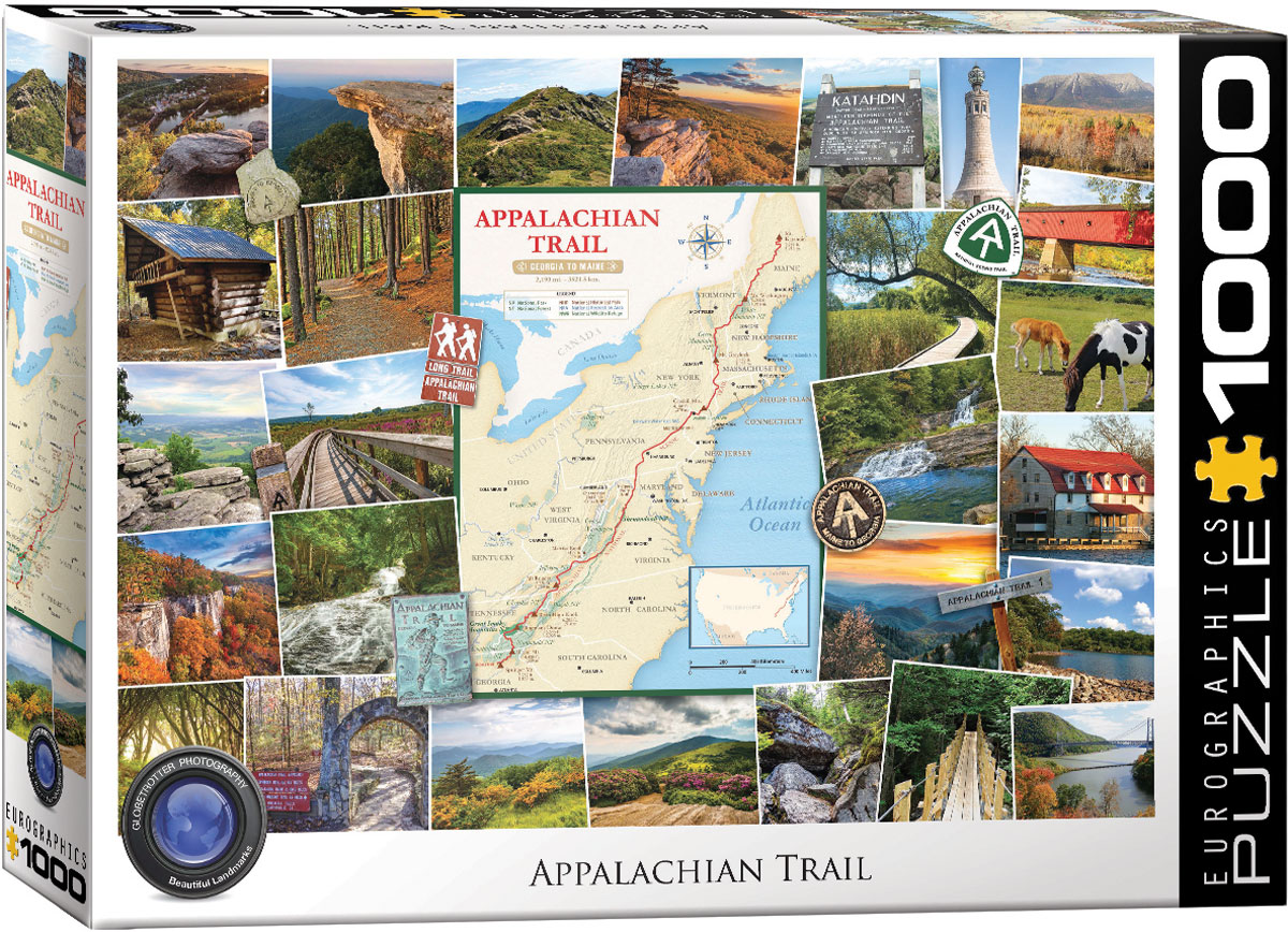 A colorful scene built around the Appalachian Trail, tracing the marked hiking route through the Eastern United States from Springer Mountain in Georgia to Mount Katahdin in Maine.
