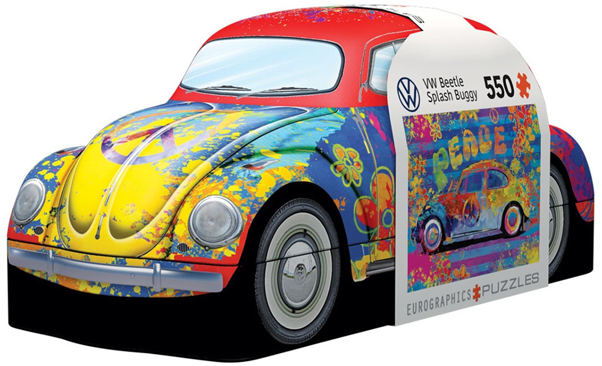 A VW Beetle is covered in vivid splashes of color, flowers, and peace symbols, giving the scene a playful retro look.