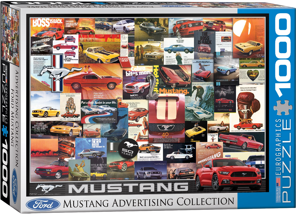 Vintage magazine and newspaper advertisements present the Ford Mustang in several roles: an everyday car, a glamorous roadster, and a high-performance sports car.