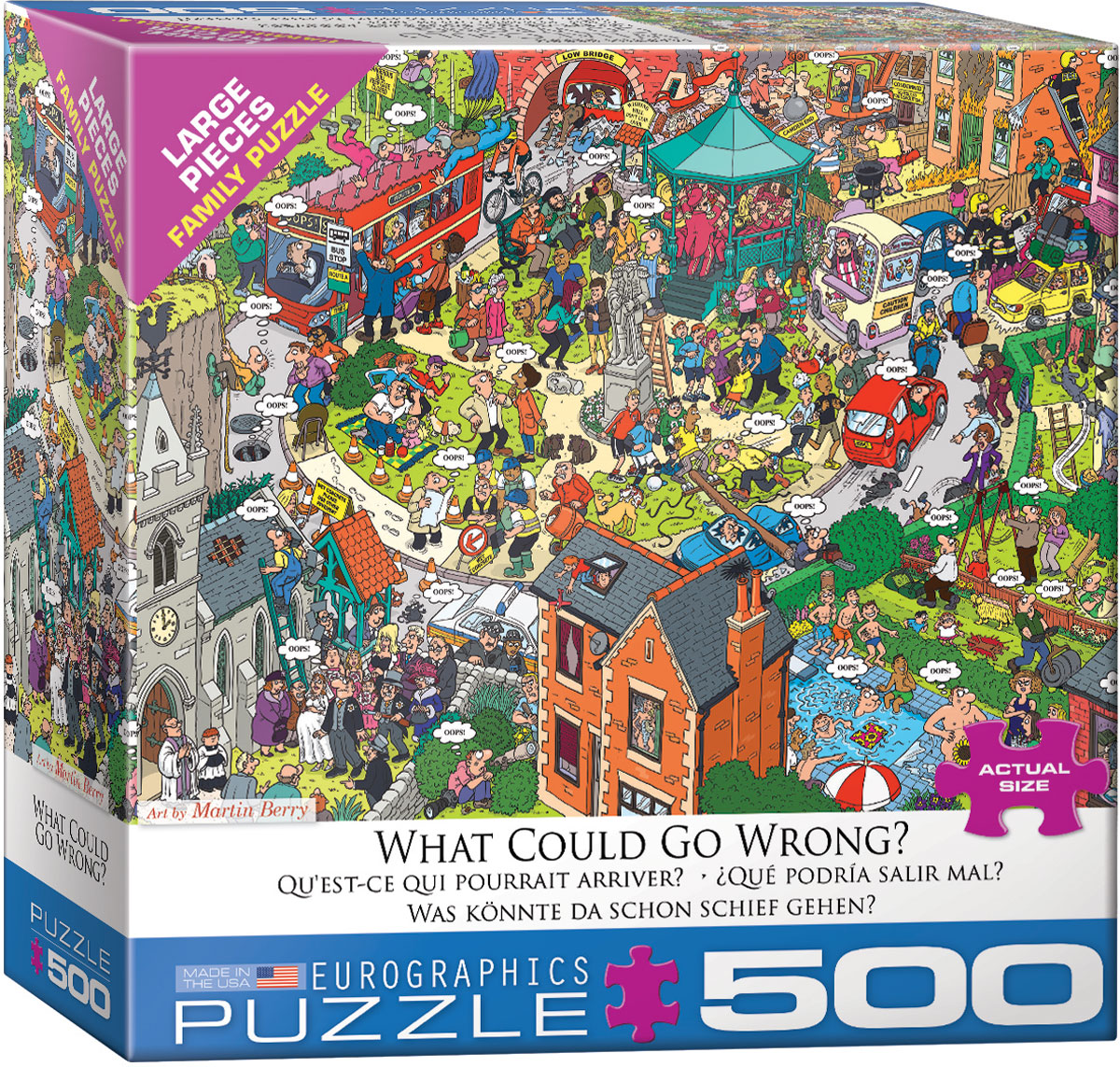 A village scene unfolds as a chain of labeled blunders and comic surprises, with lively activity spread across the composition.