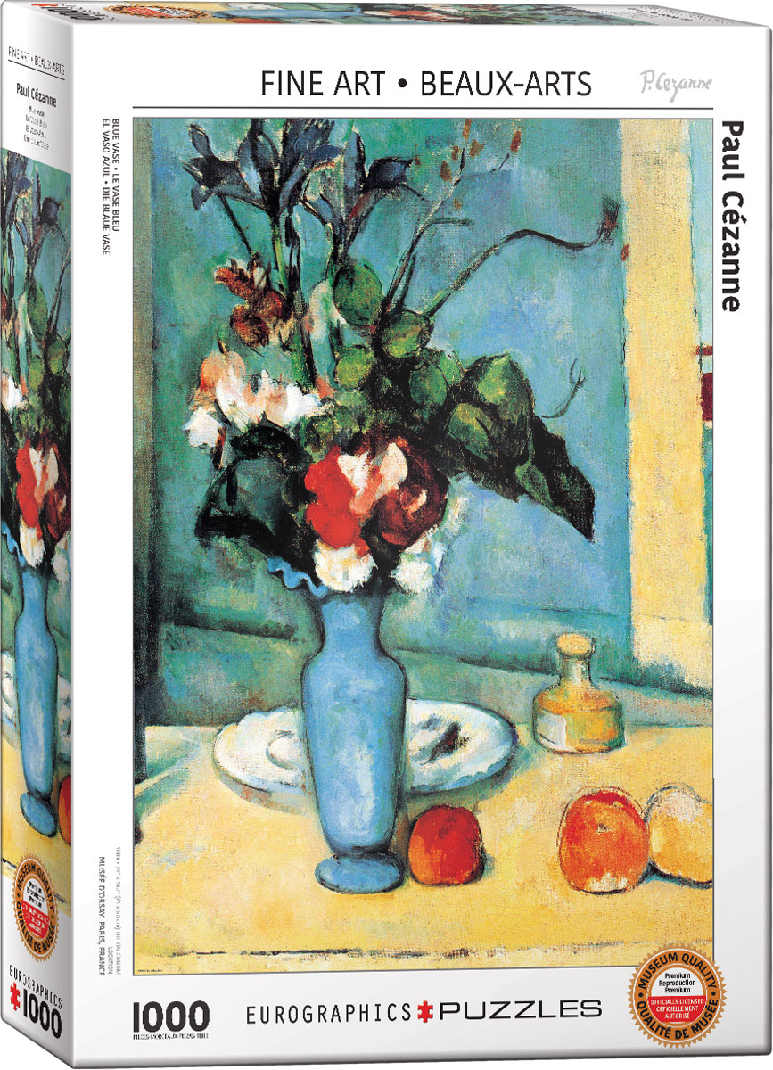 A blue vase, flowers, and fruit are the subject. The image emphasizes subtle color modulation and the way light falls on objects, with resulting changes of color. The blooms of the flowers seem almost ignored.