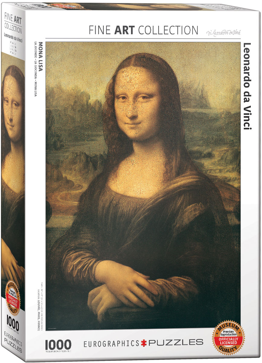 The artwork titled Mona Lisa is a Renaissance oil portrait of Lisa Gherardini with an enigmatic facial expression.