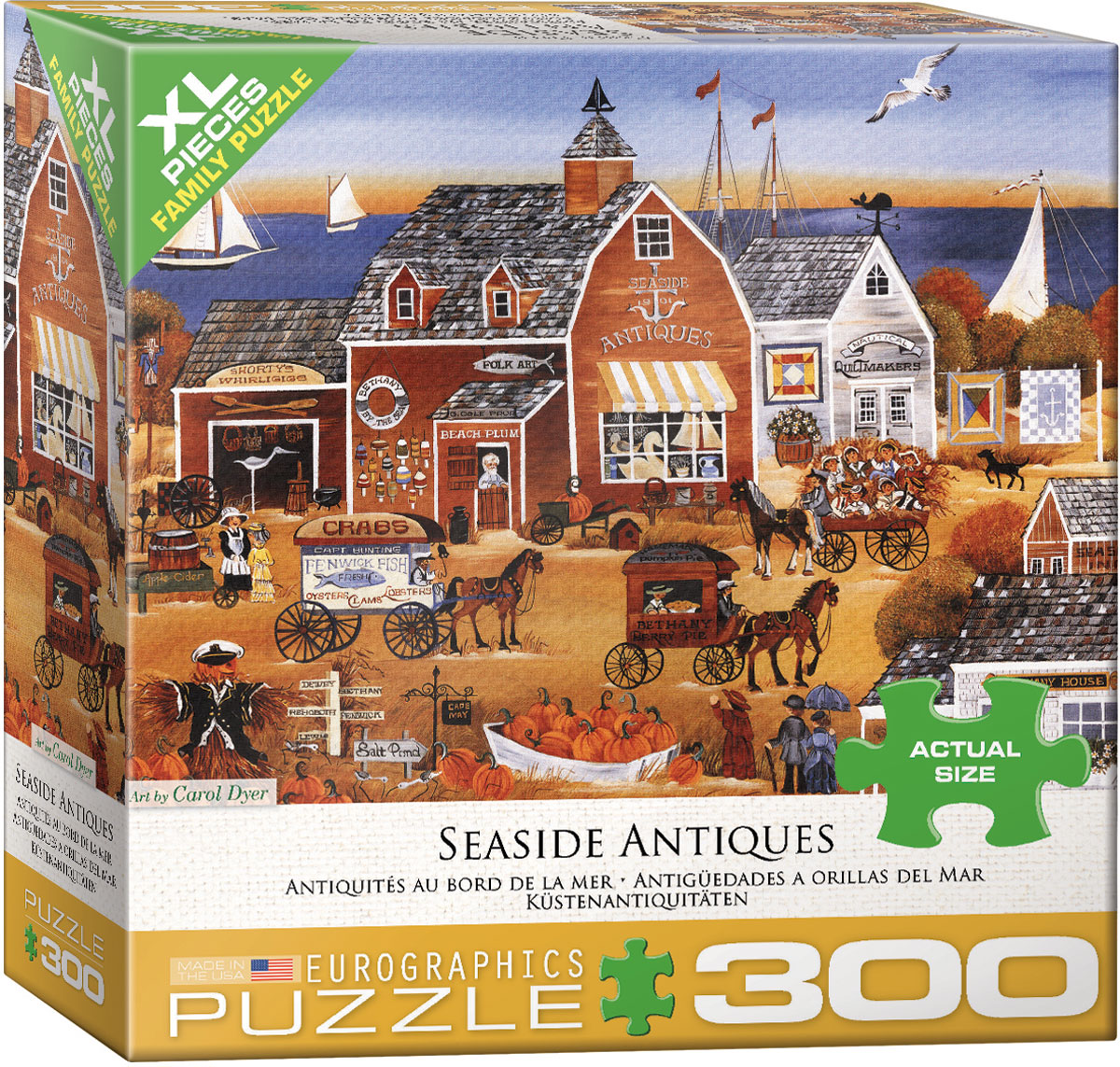A folk-art coastal village scene features quaint antique shops, horse-drawn carriages, pumpkin-lined streets, lively market details, and sailboats in the distance.