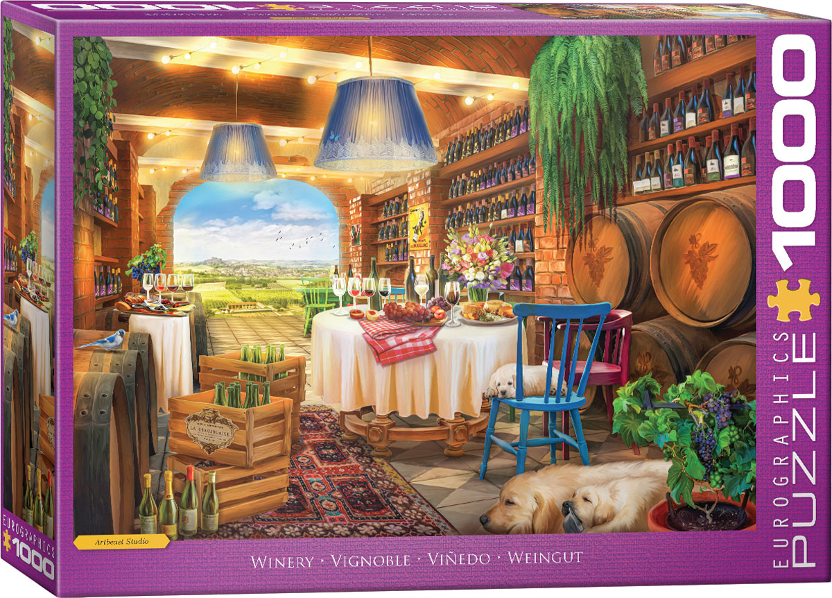 A winery sits amid lush vineyard rows, with grapevines and rustic wine barrels shaping the atmospheric wine-country scene.