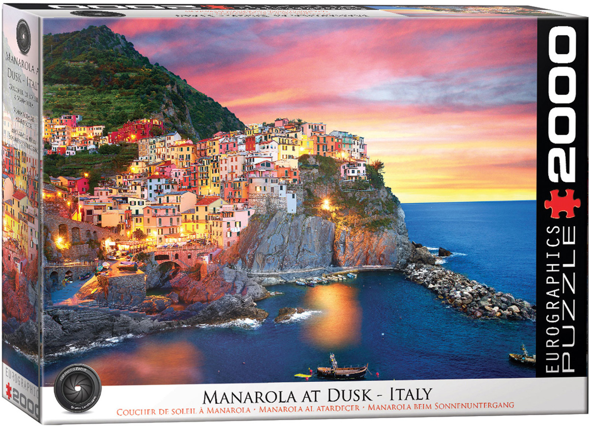 HDR photography depicts Manarola, Italy, at dusk, with vibrant colors and intricate details.