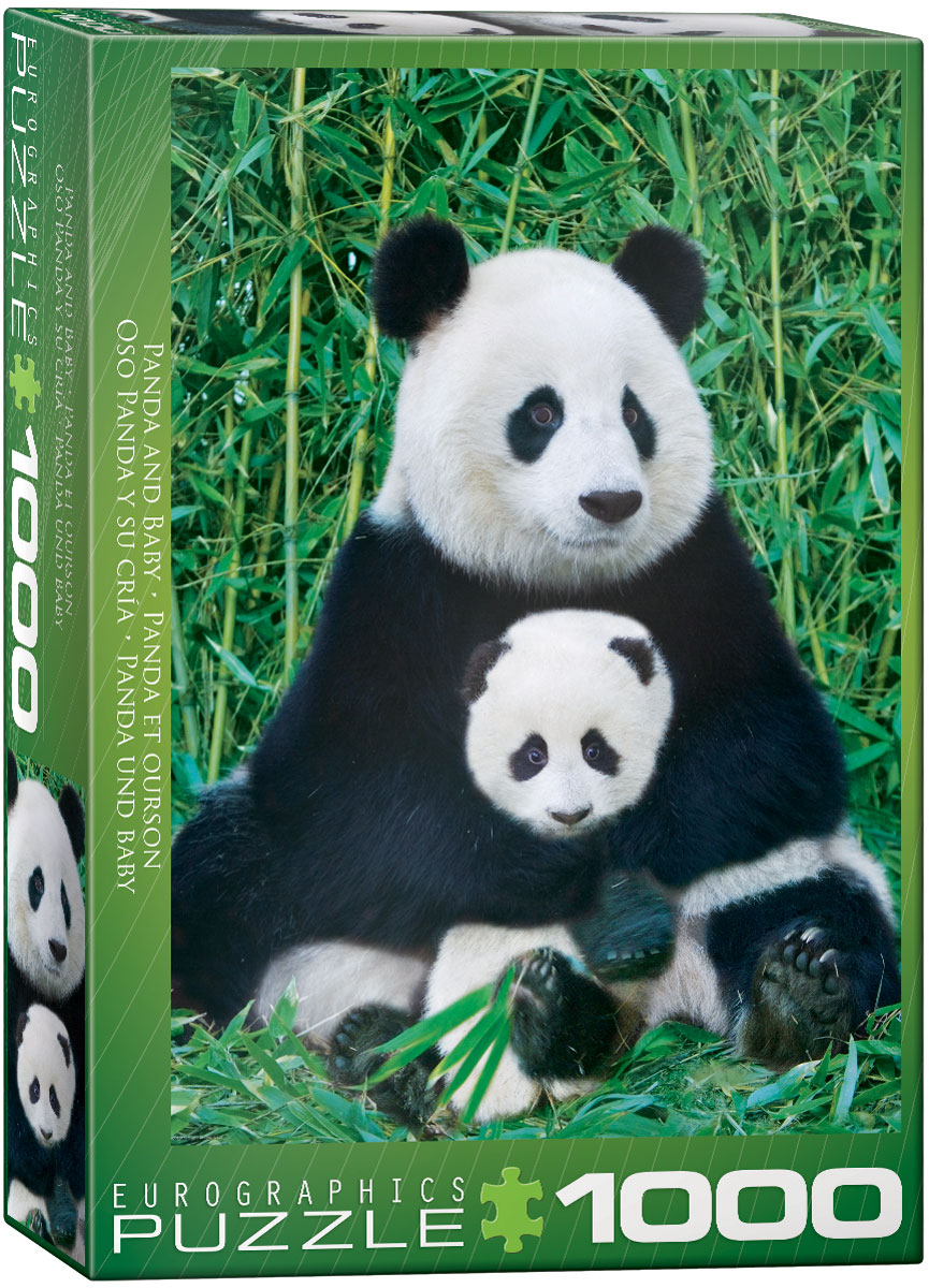 A panda and baby are depicted with distinctive black patches.