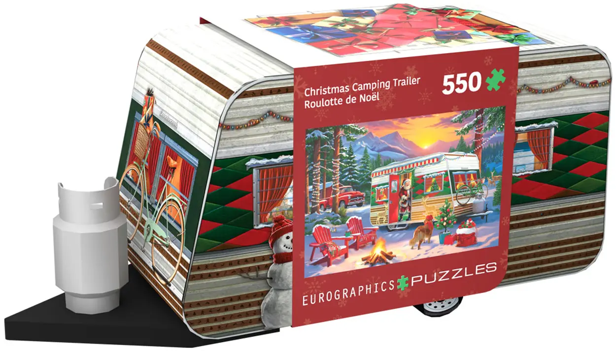 A holiday-decorated camper stands amid snowy mountains, with Santa Claus, a loyal dog, and Christmas lights forming the winter camping scene.