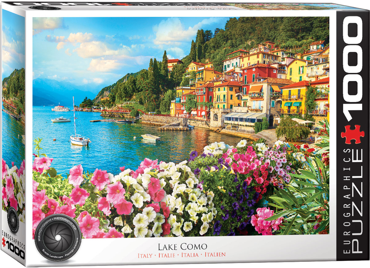 A Northern Italian lake landscape stretches toward the foothills of the Alps, with Bellagio at the meeting point of Lake Como’s three branches. The scene also includes Como’s Renaissance architecture and the funicular route to the mountain town of Brunate.