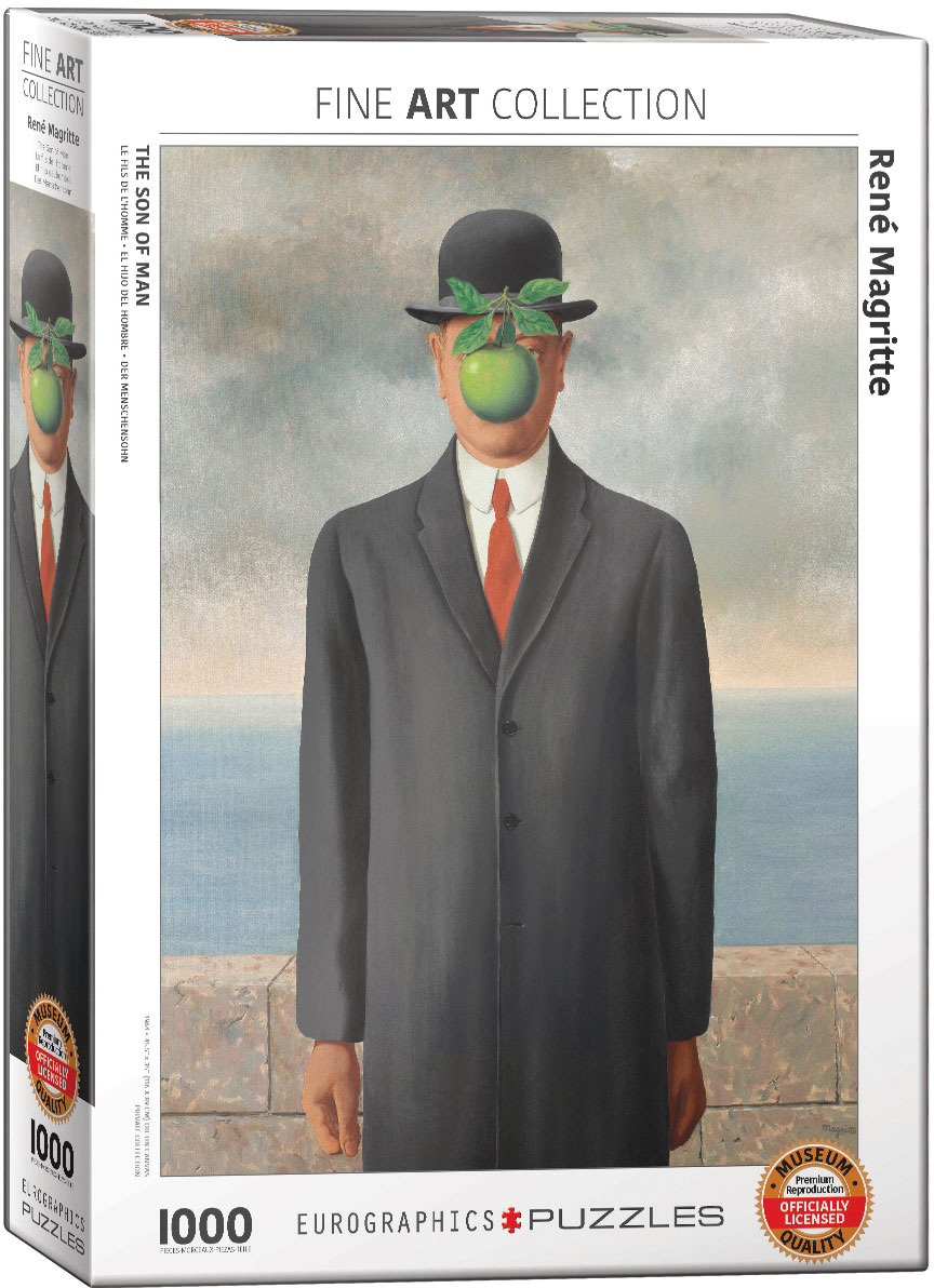 A surrealist self-portrait depicts a man in an overcoat and bowler hat standing before a low wall, with the sea and a cloudy sky beyond.