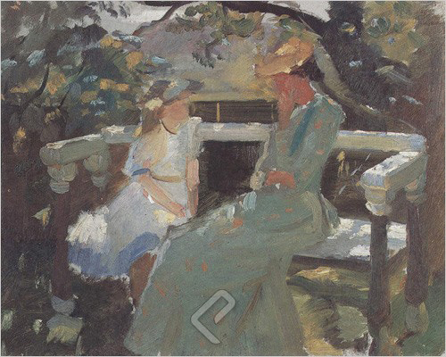 Hekga and Ane Thorup on the Garden Bench, Giclee Print on Canvas