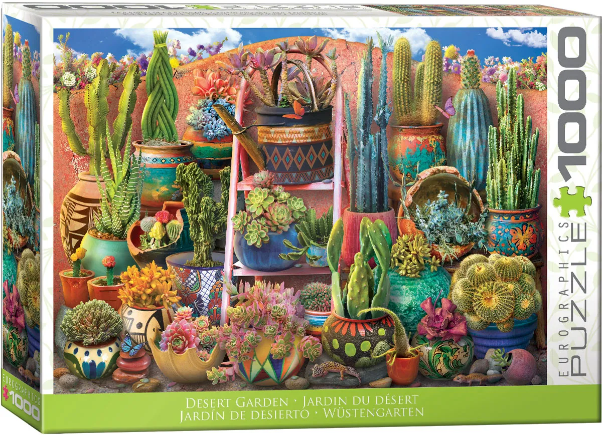 A bright desert-garden scene brings together colorful cacti, sculptural aloes, small rosettes, tall columnar forms, and hand-painted pots with varied pottery patterns.