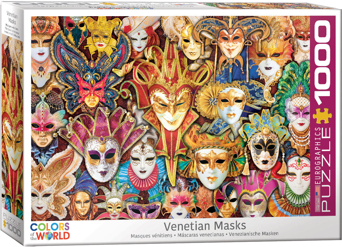 The artwork presents an elaborate Venetian mask, with decorative references to gesso, gold leaf, natural feathers, and gems.