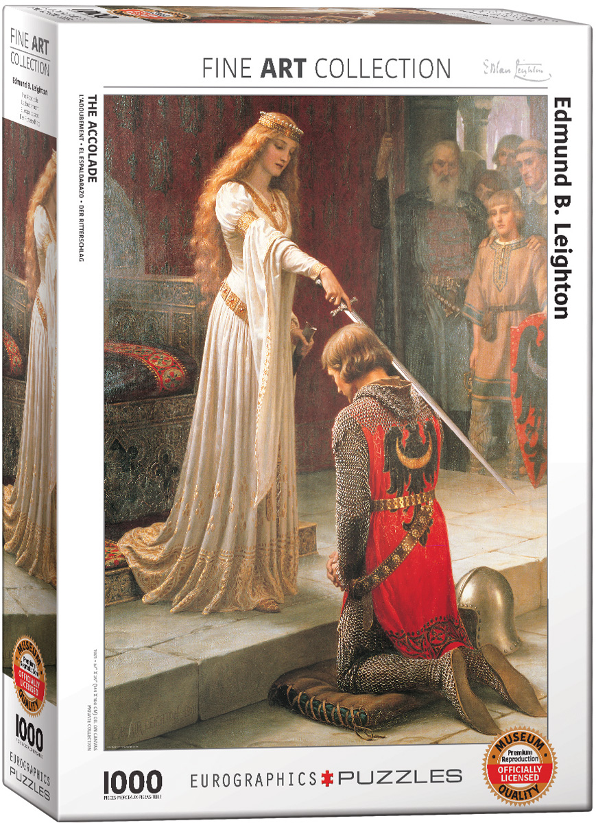 A colorful medieval-period painting captures The Accolade, a recognized work by Edmund Blair Leighton.