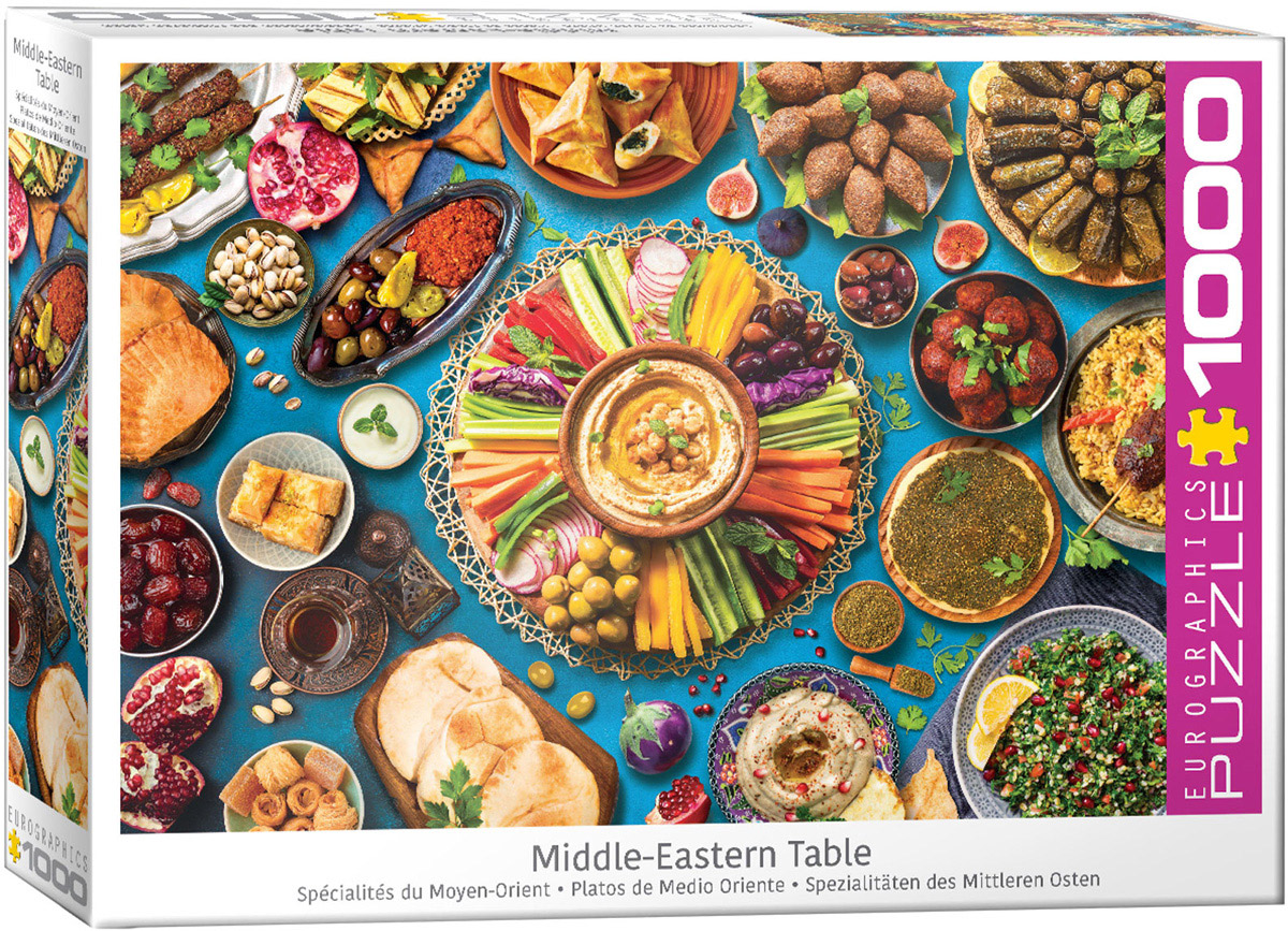 A generous Middle Eastern spread fills the table, bringing together mezze, salad, a main dish, and a sweet. Vibrant spices and herbs give the food-focused scene its defining character.