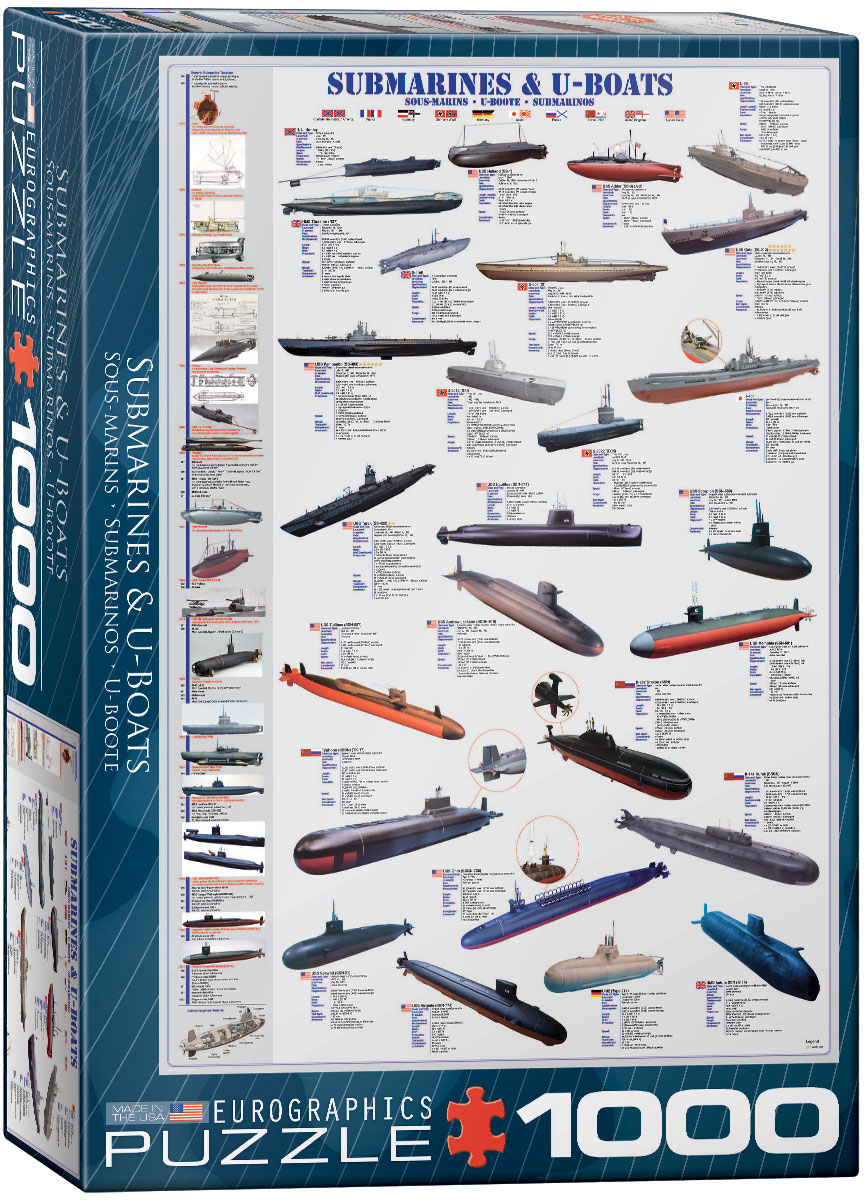 An illustrated underwater scene gathers more than 20 submarines, including USS Virginia, USS Typhoon, U-99, and K-141 Kursk, with submarine engines as the central subject.