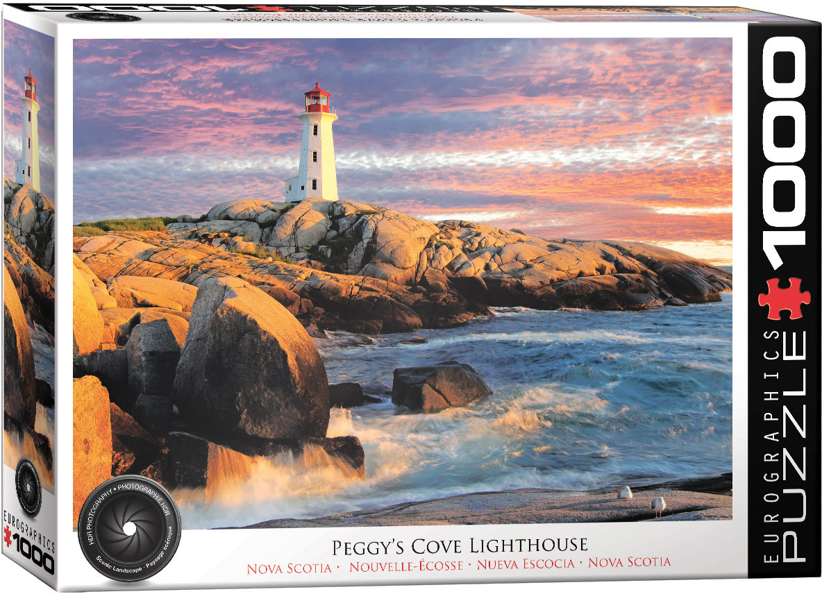The artwork centers on Peggy’s Cove Lighthouse in a rural community on Nova Scotia’s eastern shore.