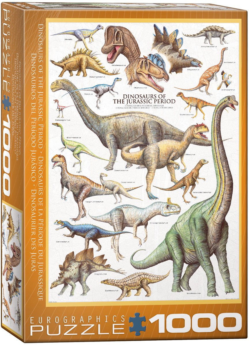 The artwork presents over 20 illustrated creatures from the Jurassic period, focused on dinosaurs.