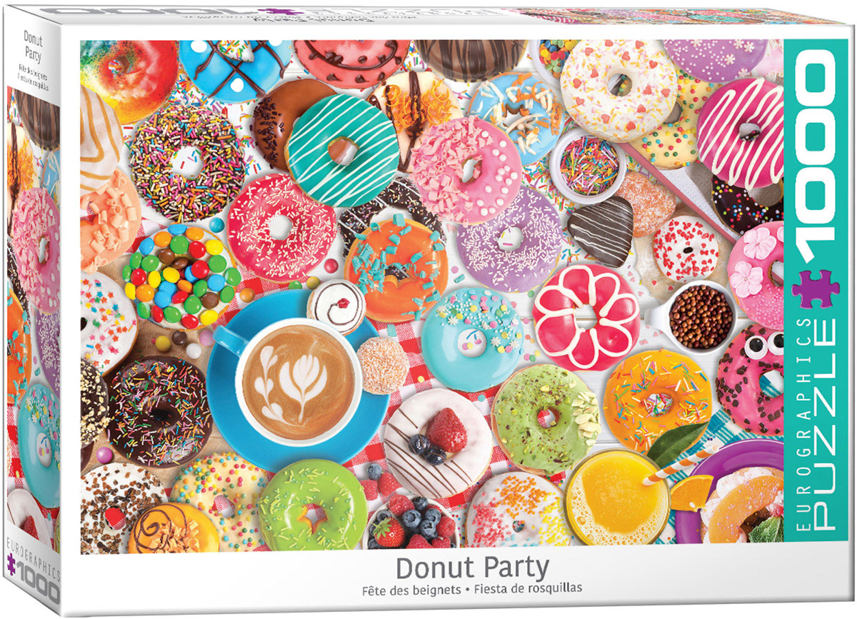The artwork centers on doughnuts in several forms, including rings and filled or hole-free shapes, with sugar, chocolate, and maple glazing among the toppings and flavorings.