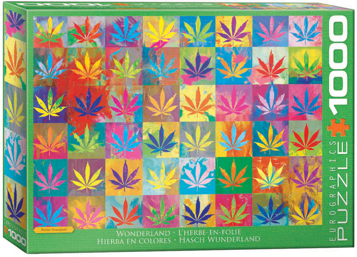 A vibrant kaleidoscopic composition of colorful cannabis leaf designs forms the pictured pattern.