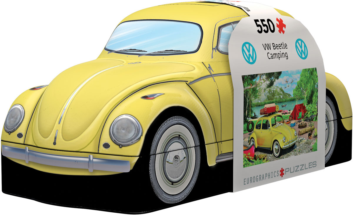A yellow classic VW Beetle anchors a tranquil lakeside campsite, with surrounding greenery and outdoor gear.