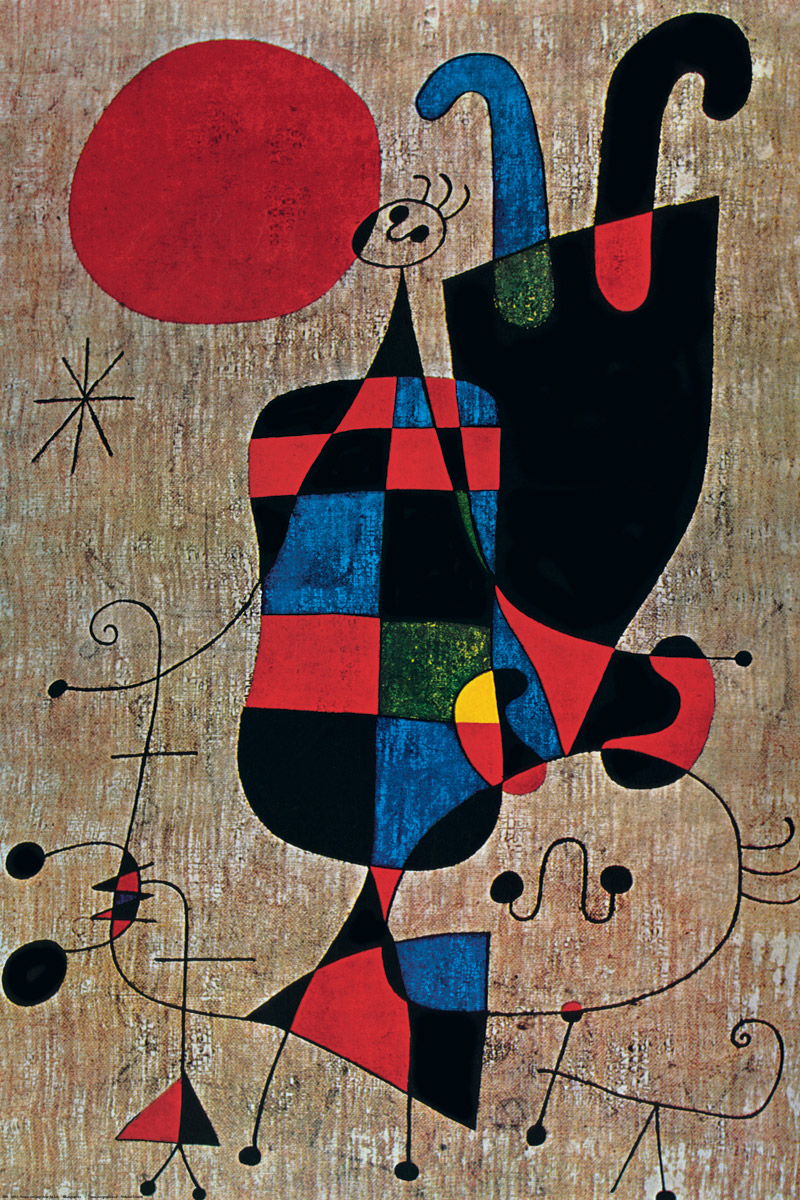 Personnages et Chien devant le Soleil, Art Print by Joan Miro at