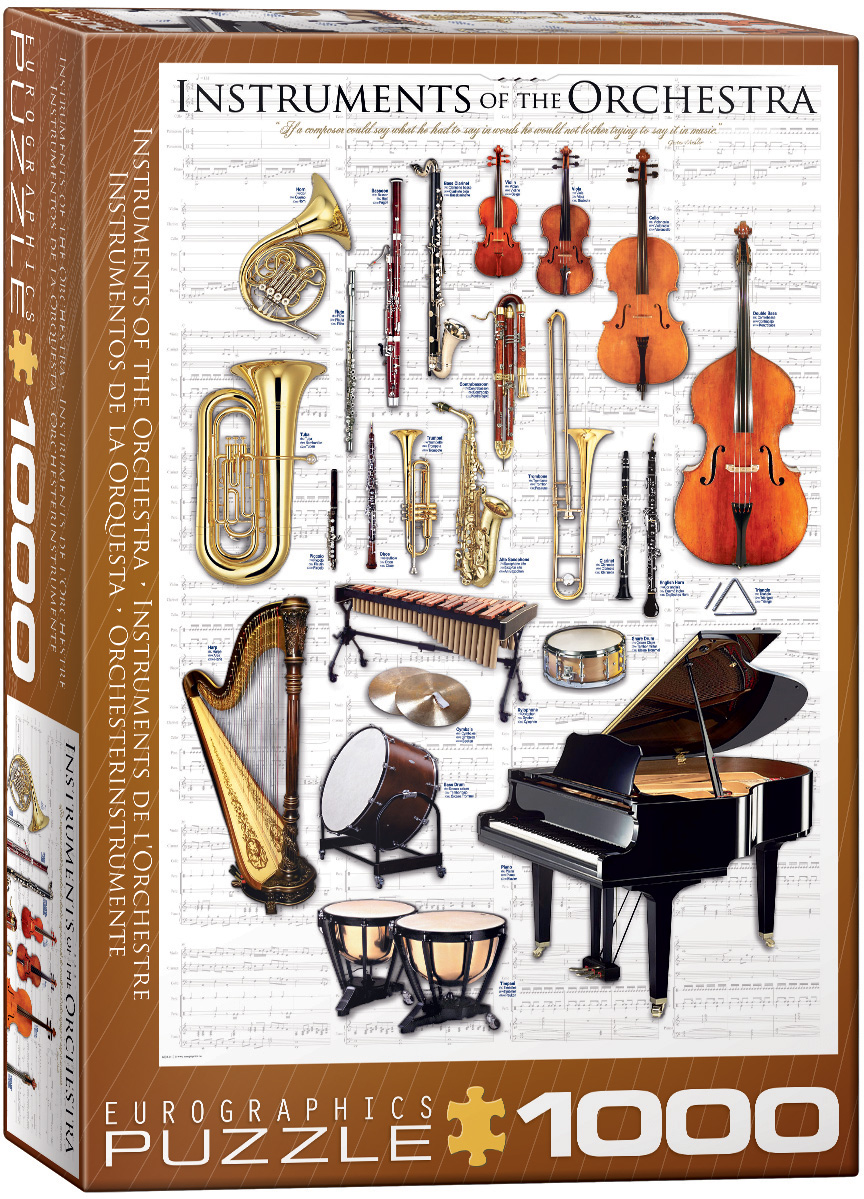 The artwork centers on the various musical instruments found in a modern-day orchestra, presented as a complete guide.