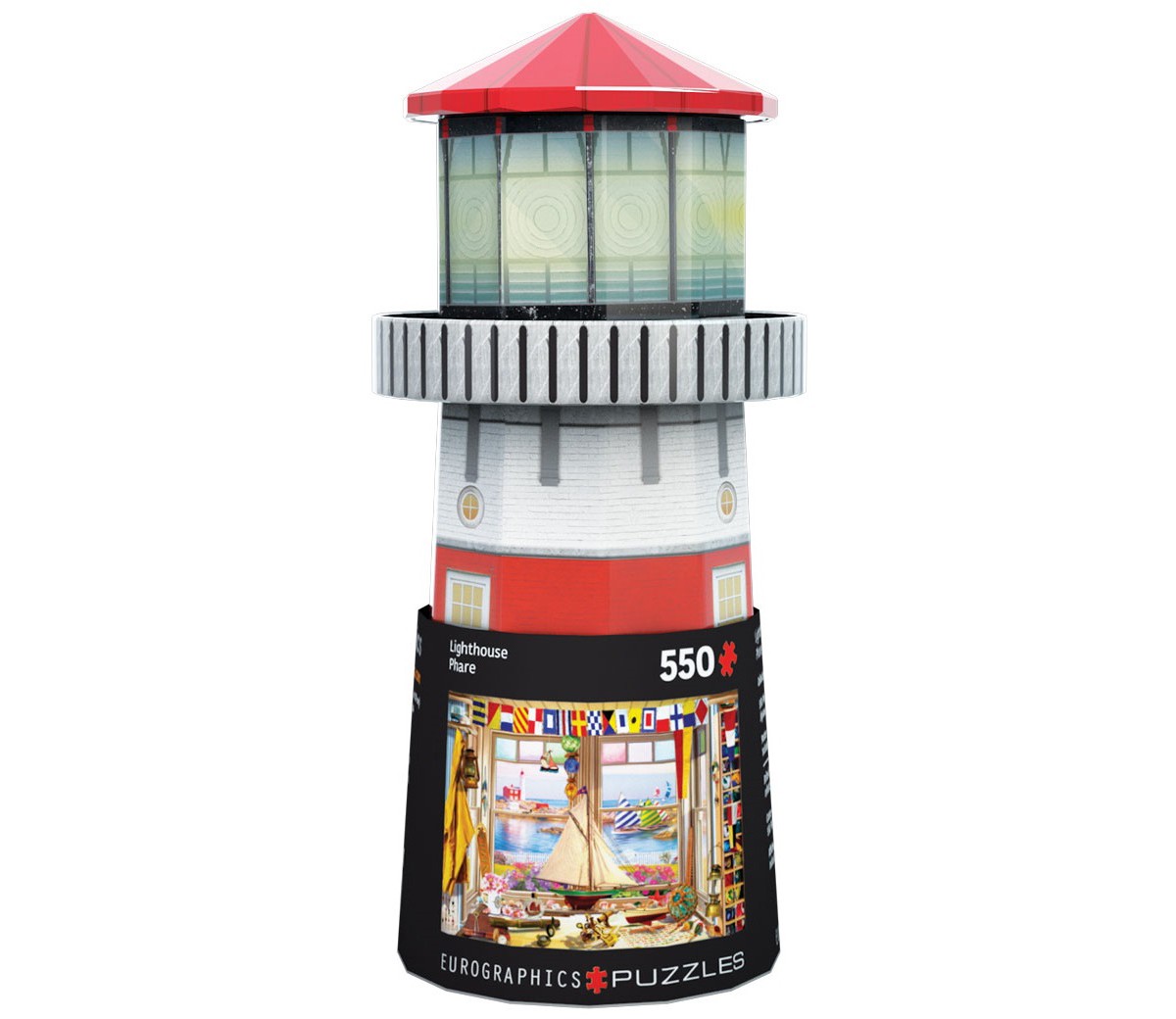 A lighthouse and seaside landscape are viewed through a cozy room filled with nautical treasures.