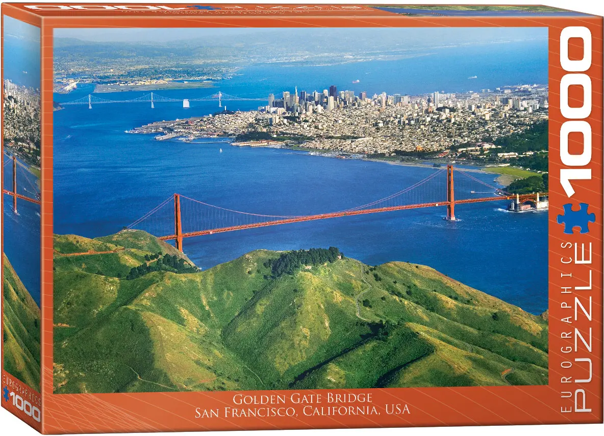 The red Golden Gate Bridge spans the bay in a vivid aerial scene, accompanied by a city skyline and lush green hills.