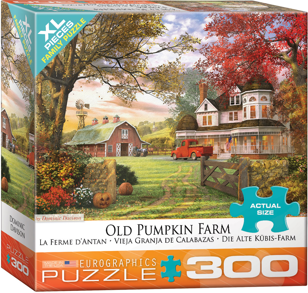 Autumn color fills a farm scene where a jack-o'-lantern stands at the front gate.