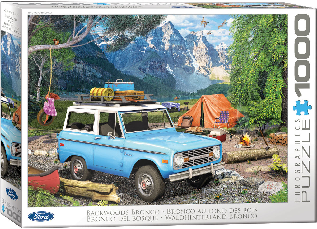 The iconic 1970s rugged Ford Bronco is the subject, with adventure, off-roading, and weekend camping fun as the theme. “Backwoods” is a title-supported theme rather than a confirmed visual setting.