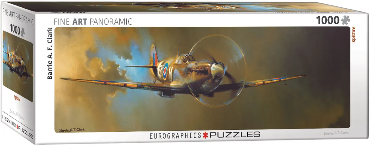 The Spitfire is shown from the front against a dramatic sky, with glowing clouds and painterly motion shaping the scene.