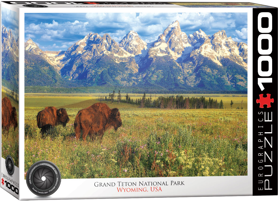 A Wyoming national-park scene places the Teton range beside Grand Teton Peak and the Jackson Hole valley.