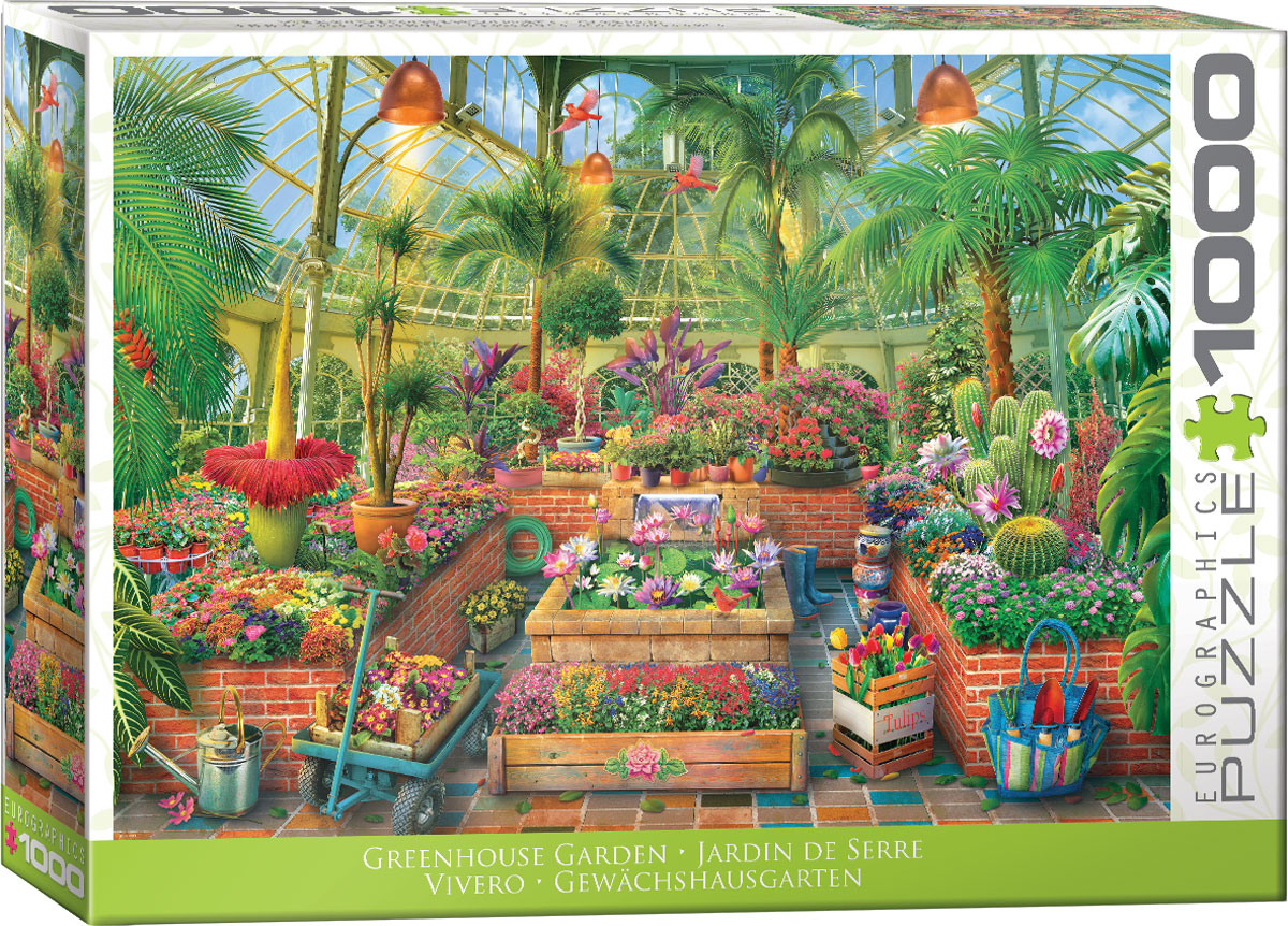 A lush greenhouse interior is filled with flowers, leafy plants, succulents, exotic palms, and water lilies, with pots and gardening tools arranged throughout the scene.