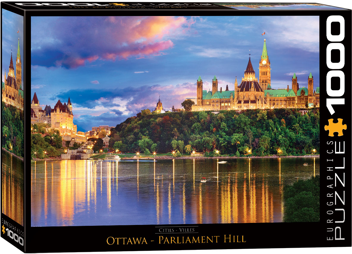 A skyline view centered on Ottawa's Parliament Hill, with well-known landmarks from Canada's capital city.