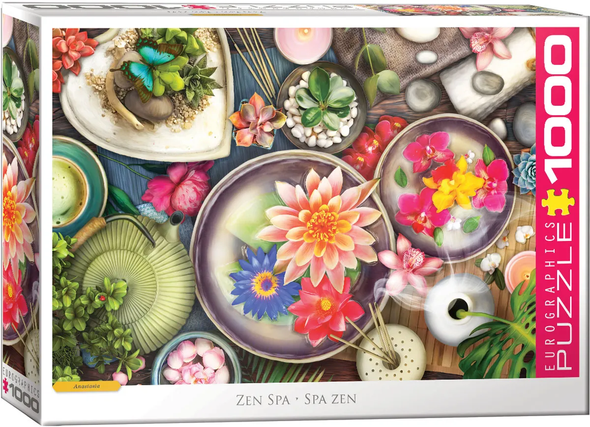 A pastel tabletop still life gathers lotus blossoms and orchids with smooth river stones, curling incense, a teapot, and succulents.