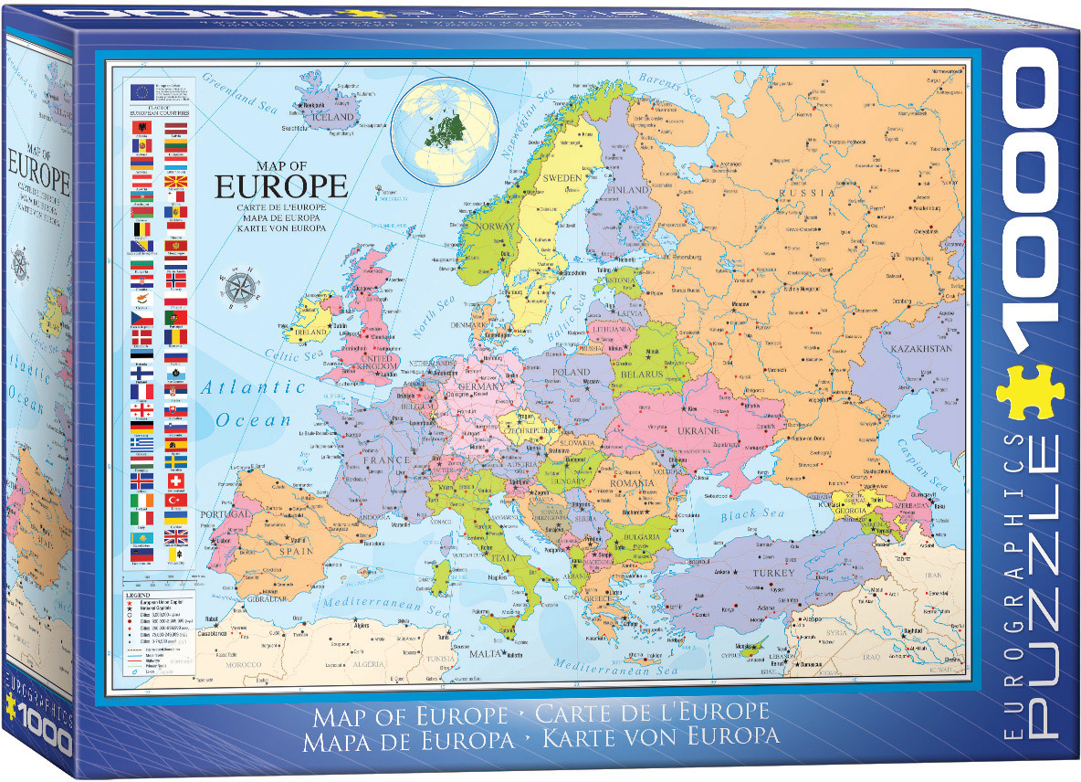 A geographic map of Europe featuring major and capital cities alongside country flags.