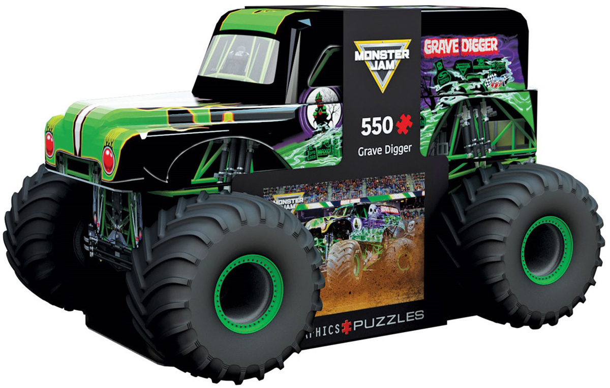 An action-packed stadium scene features the legendary Grave Digger monster truck.