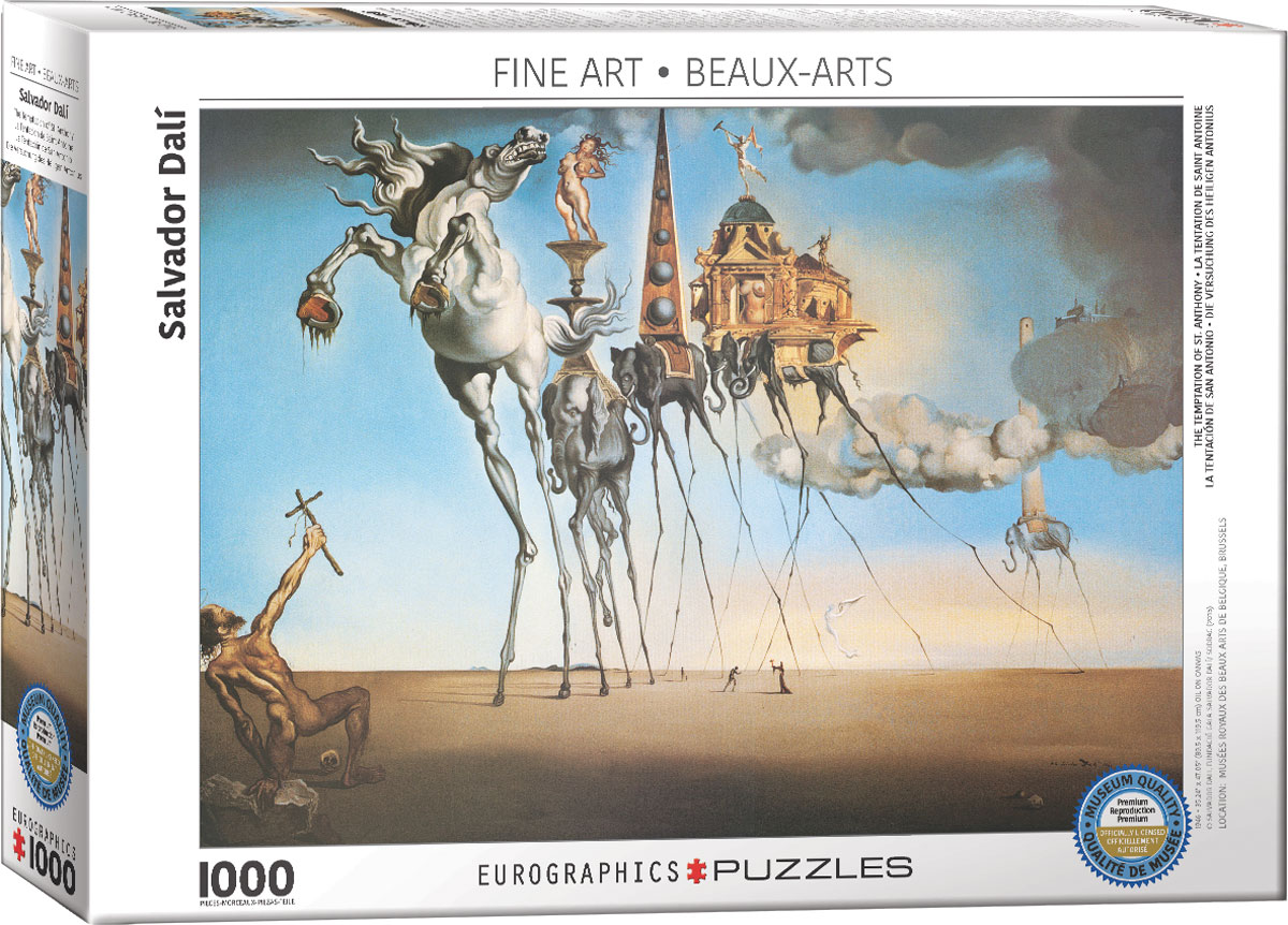 A colorful reproduction presents the saintly subject of Salvador Dalí’s 1946 painting, The Temptation of St. Anthony.
