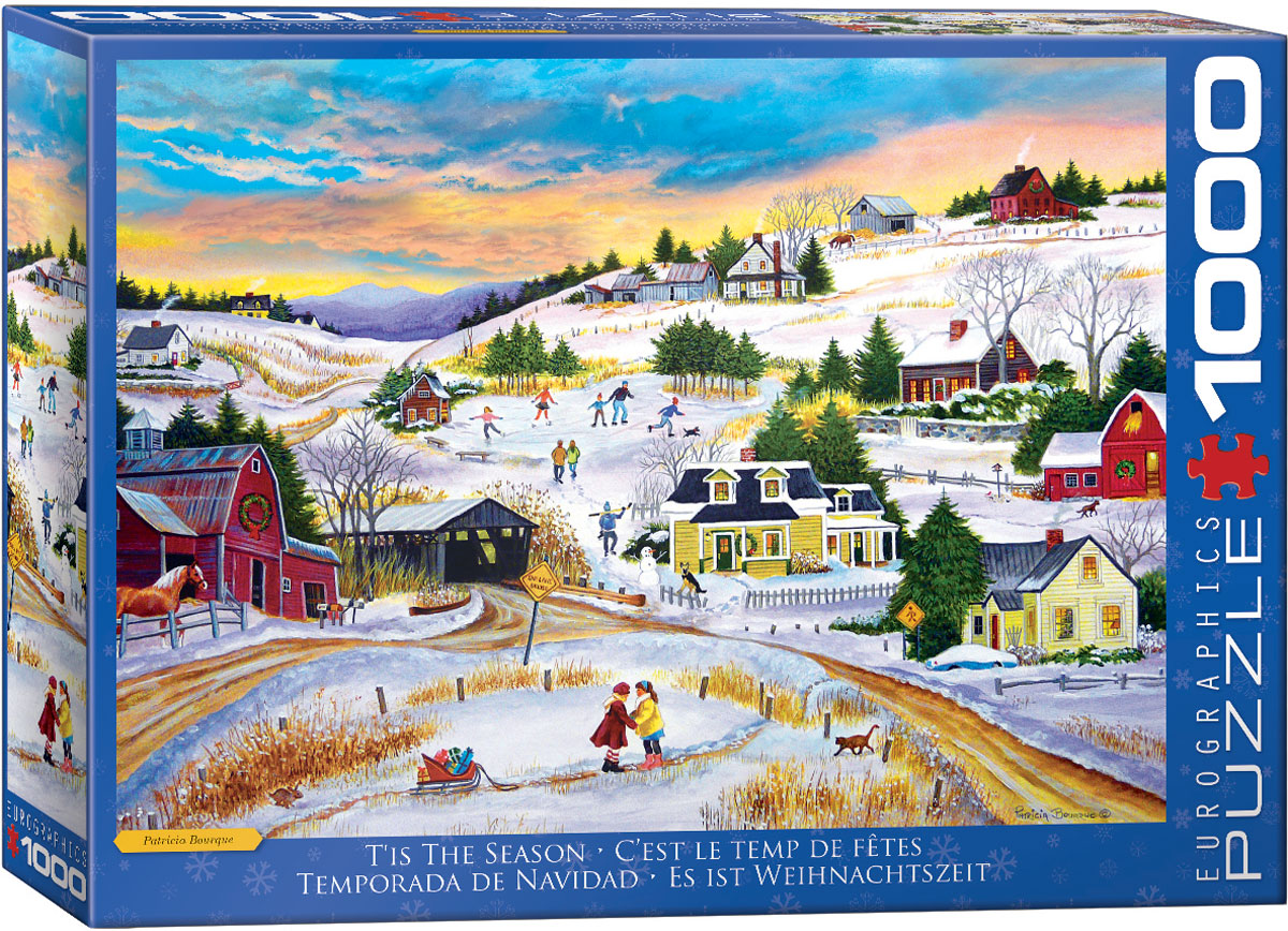 Winter recreation fills the scene, combining sleds, ice skating, and time with friends.