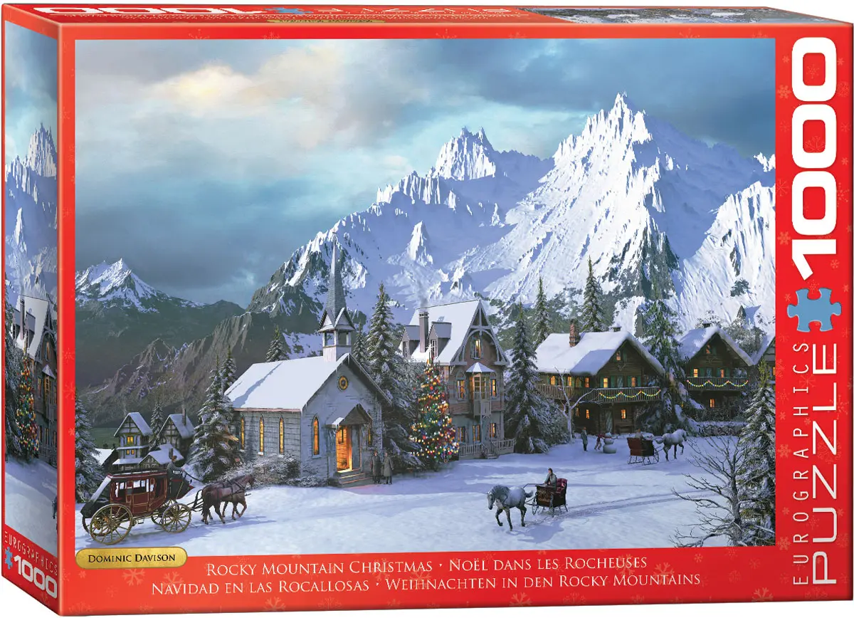 Snow-covered cottages cluster in a Rocky Mountain village, with glowing lights and horse-drawn sleighs shaping the holiday scene.